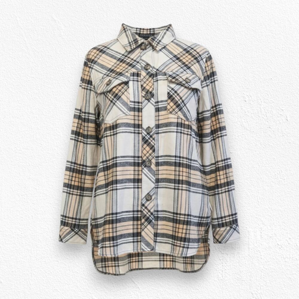 Sanctuary Beige Black Plaid Button Up Flannel Shirt Classic Shacket Size Large